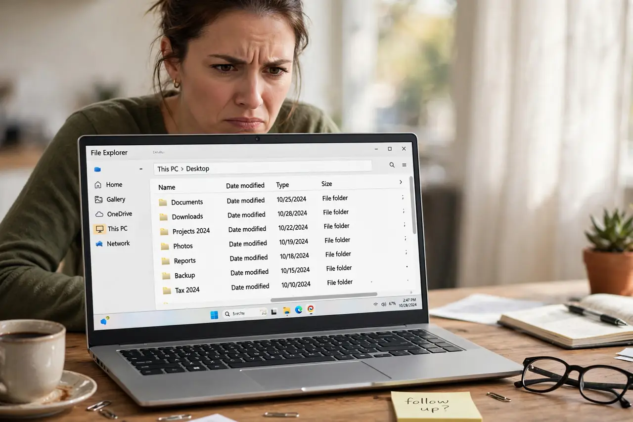 A frustrated adult watching File Explorer fail on a Windows laptop.