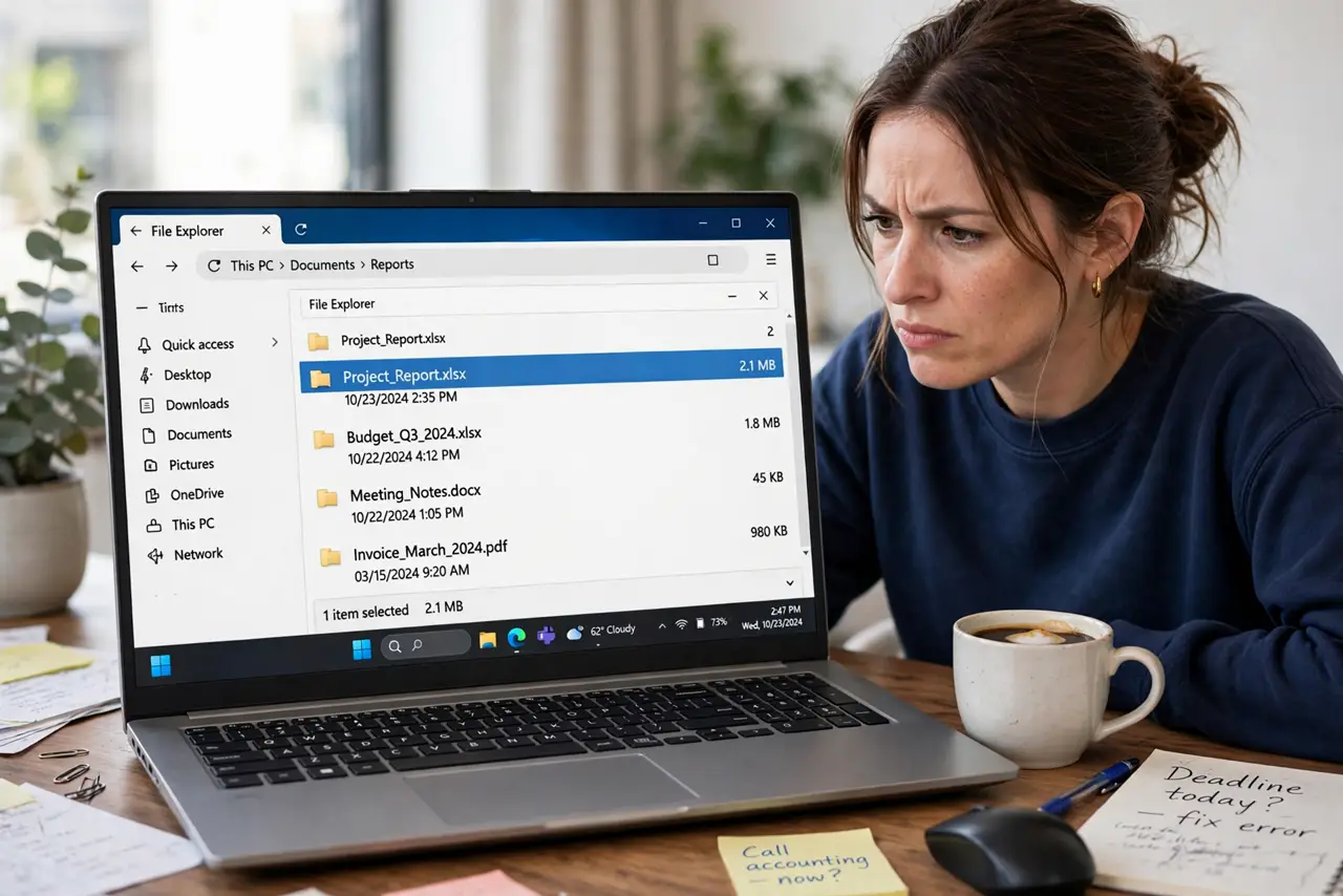 A frustrated adult looking at a Windows file that refuses to move because it is open elsewhere.