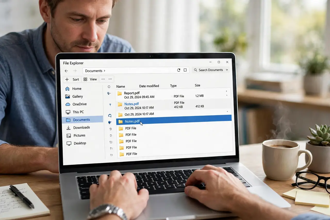 An adult renaming a file to a short name in File Explorer.
