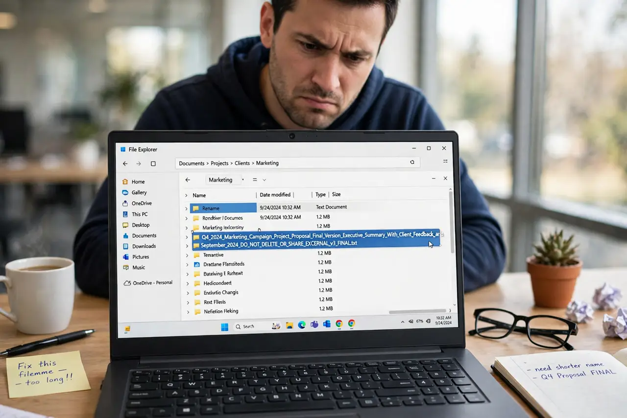 An annoyed adult looking at a File Explorer rename box with an overly long file name.