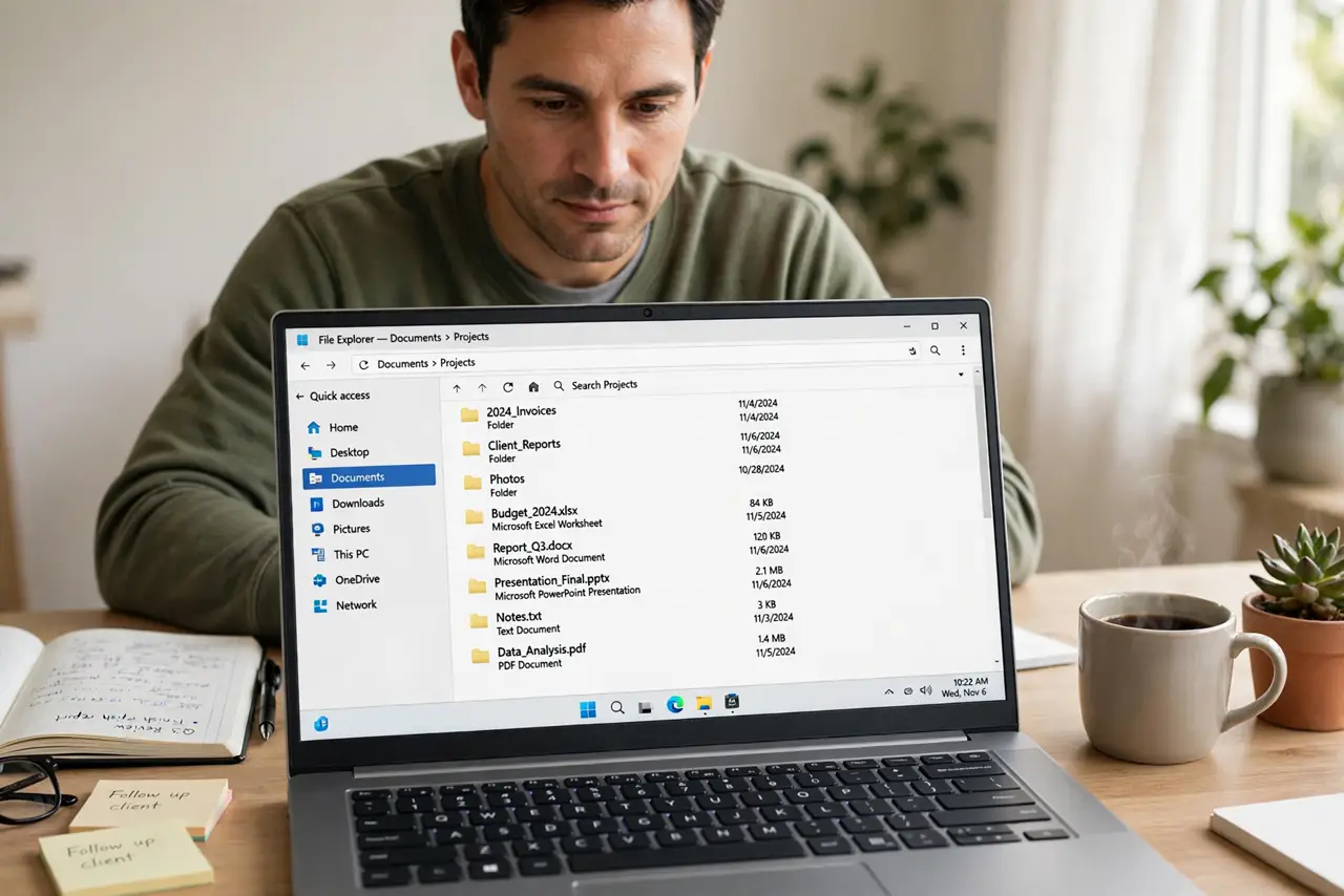 a calm adult at a desk with a real Windows laptop showing a file manager on the real screen with clearly named folders and files, text legible. No black screen,