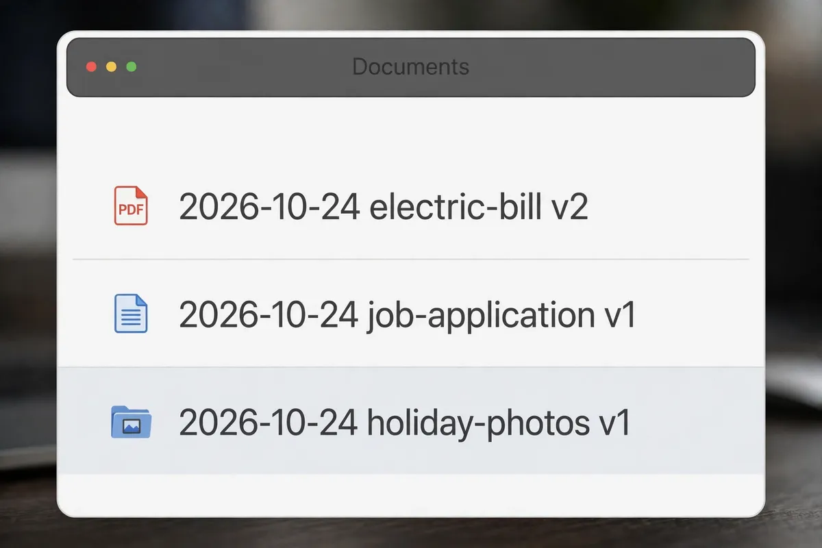 A file manager list with date-first file names such as 2026-10-24 electric-bill v2.