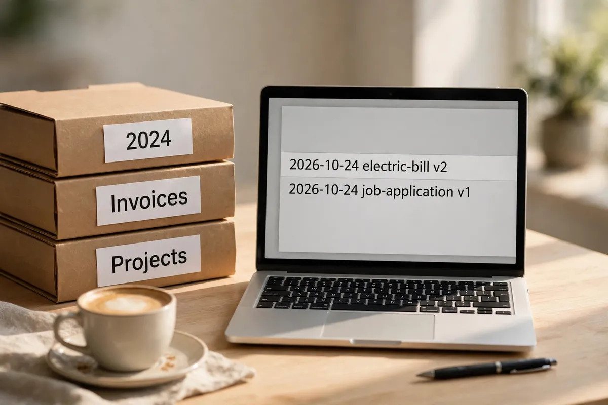 A stack of folders labeled 2024, Invoices and Projects beside a laptop showing a file list with date-first names such as 2026-10-24 electric-bill v2.