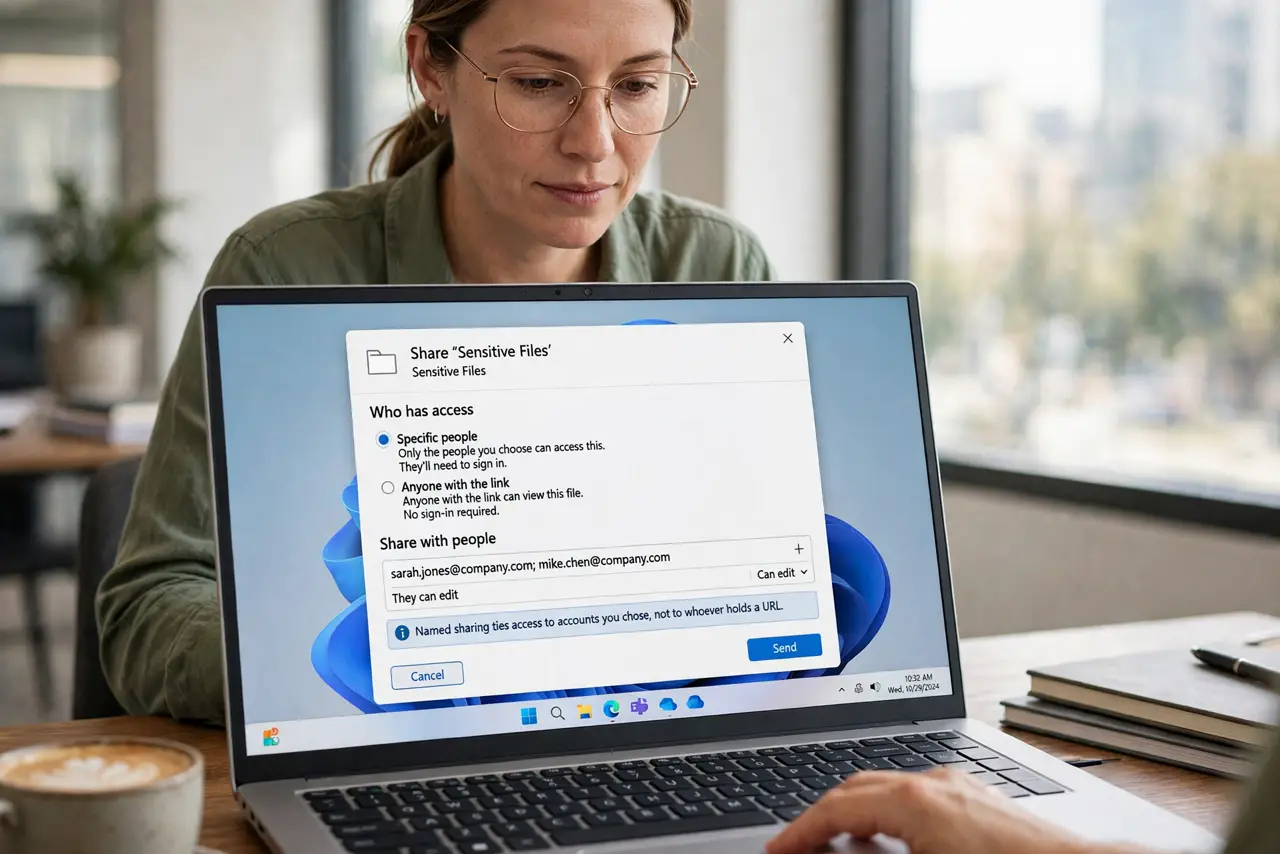 A person performing step 1 of the guide: Switch sensitive files to specific people. Change the share setting from anyone with the link to named people only. Named sharing ties...