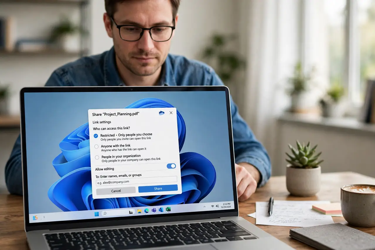 a calm adult at a desk with a real laptop, the screen showing a normal file sharing dialog with link settings and legible text, the person choosing restricted access