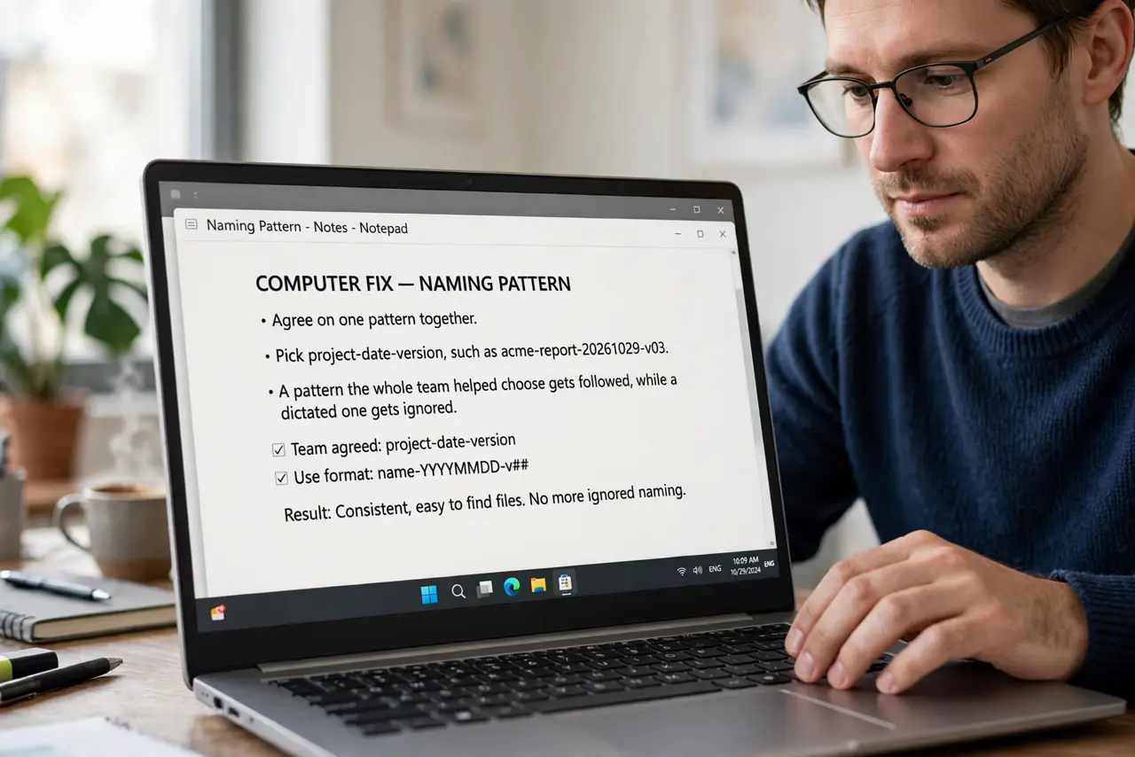 A person performing step 1 of the guide: Agree on one pattern together. Pick project-date-version, such as acme-report-20261029-v03. A pattern the whole team helped choose gets...
