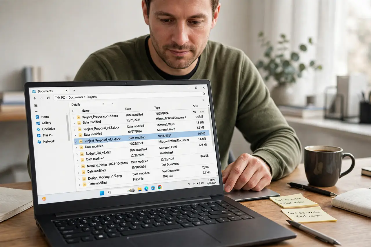 a calm adult at a desk with a real Windows laptop, a file browser open showing normal clearly named files with legible version names, the person organizing the list