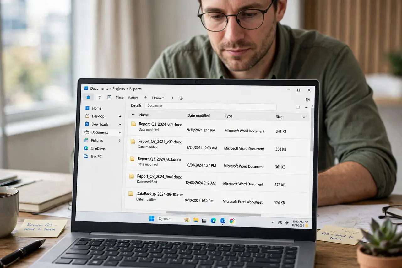 a calm adult at a desk with a real Windows laptop showing a file manager on the real screen with dated file versions listed, names legible. No black screen, no 