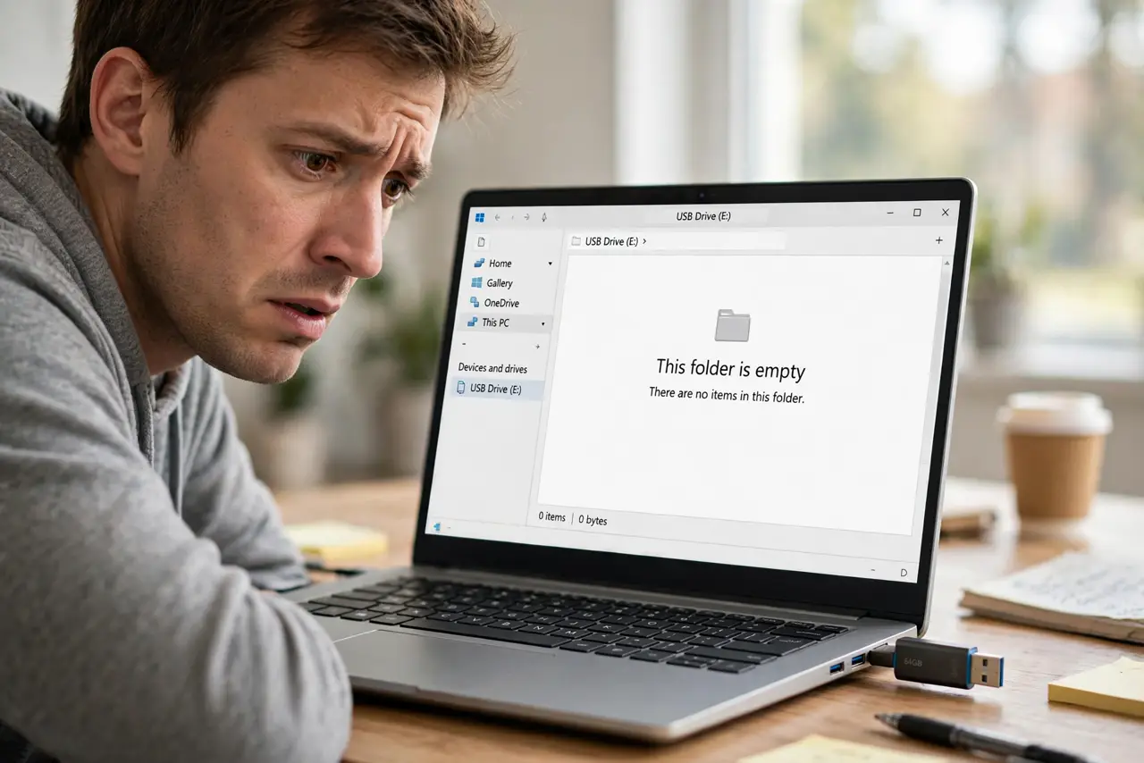 A puzzled adult staring at a real laptop screen showing an empty USB drive window with legible text, a real USB stick plugged in beside the laptop.