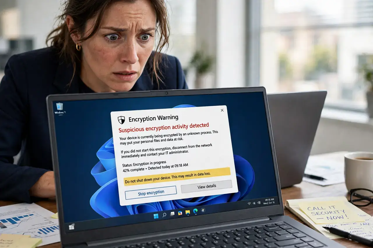 'Your Files Are Encrypted' — a frightened adult at a desk staring at a real laptop showing an encryption warning message with fully legible