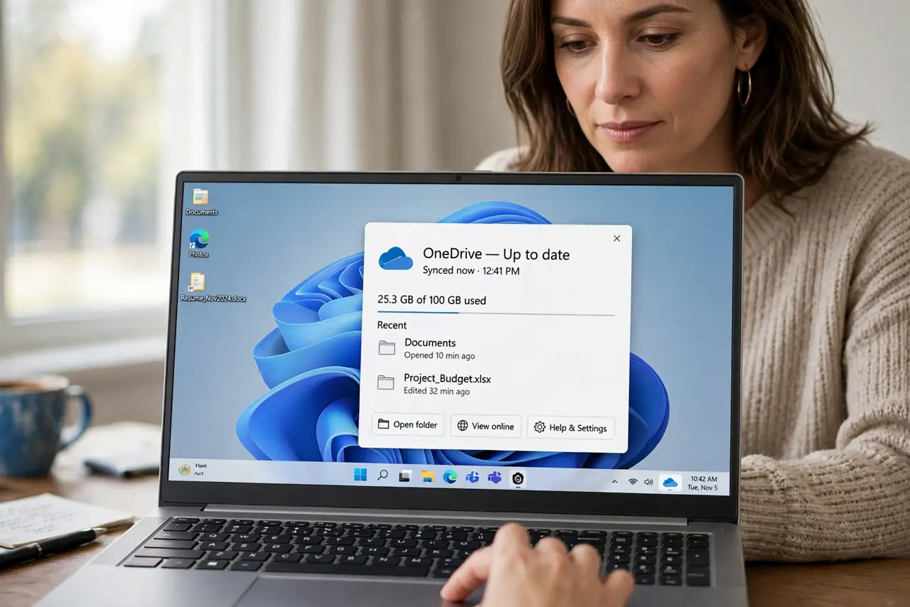 A focused woman clicks the OneDrive cloud icon in the Windows taskbar.
