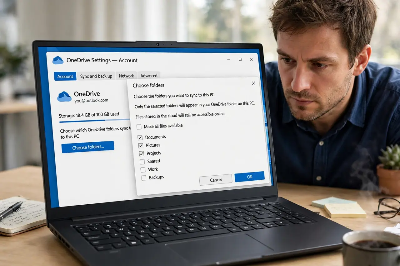 A focused man views the OneDrive Choose folders list on a Windows laptop.