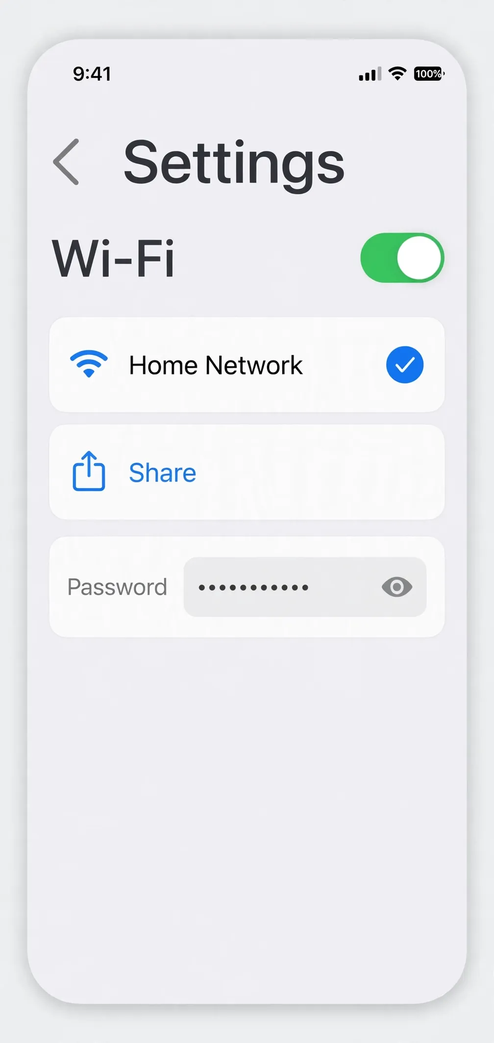 A phone Wi-Fi settings screen showing the connected Home Network with Share and Password options.