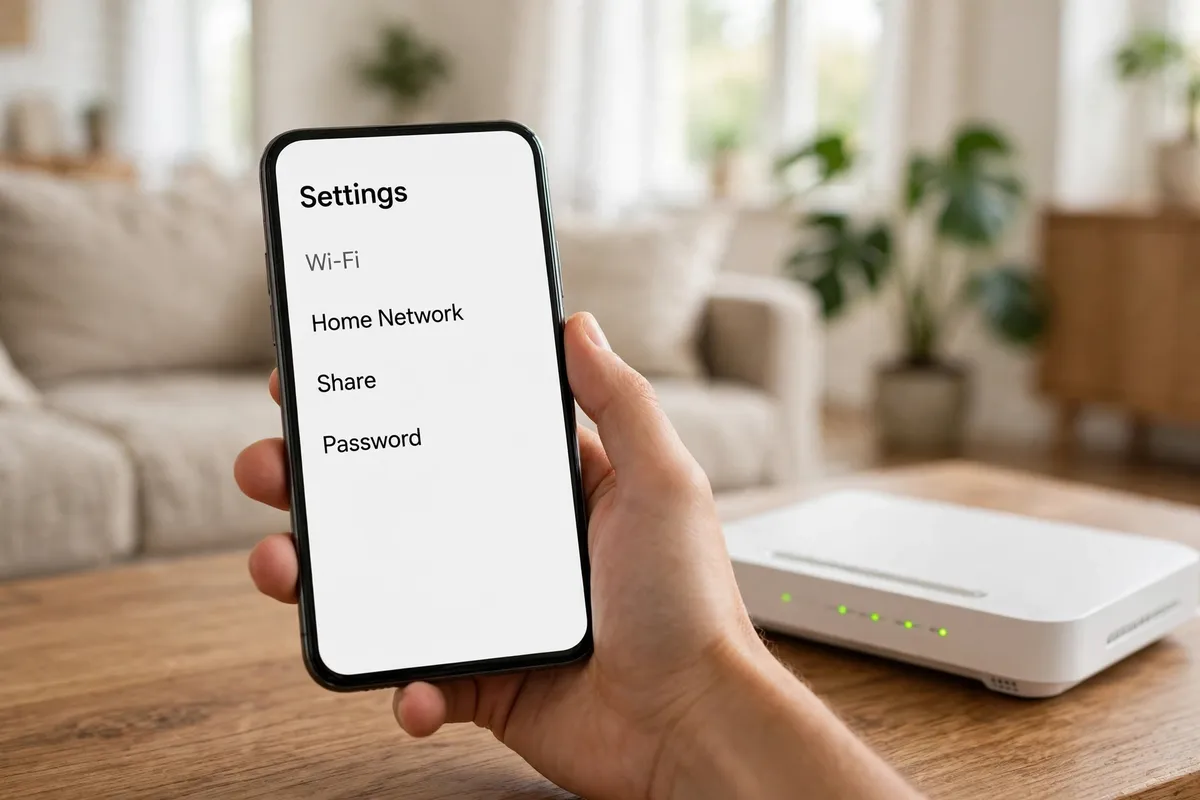 A hand holding a phone showing the Wi-Fi settings screen with Home Network, Share and Password, beside a white home router on a wooden desk.