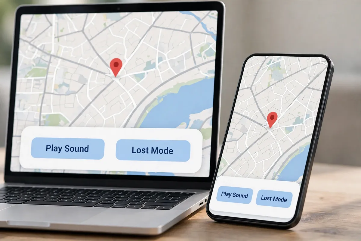 A laptop and phone showing a map with a red location pin and buttons to ring the phone or turn on Lost Mode.