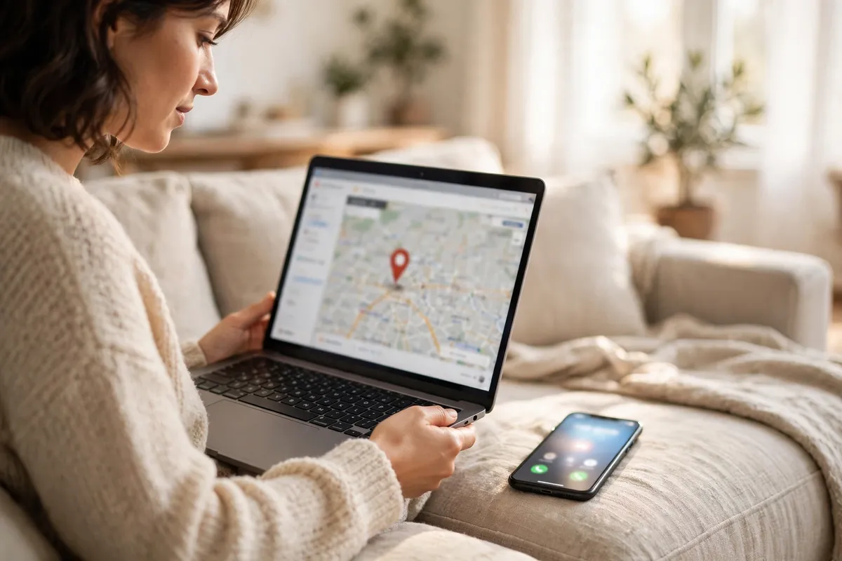 A woman on a sofa looking at a laptop showing a map with a red location pin, with a phone lying on the sofa cushion beside her.