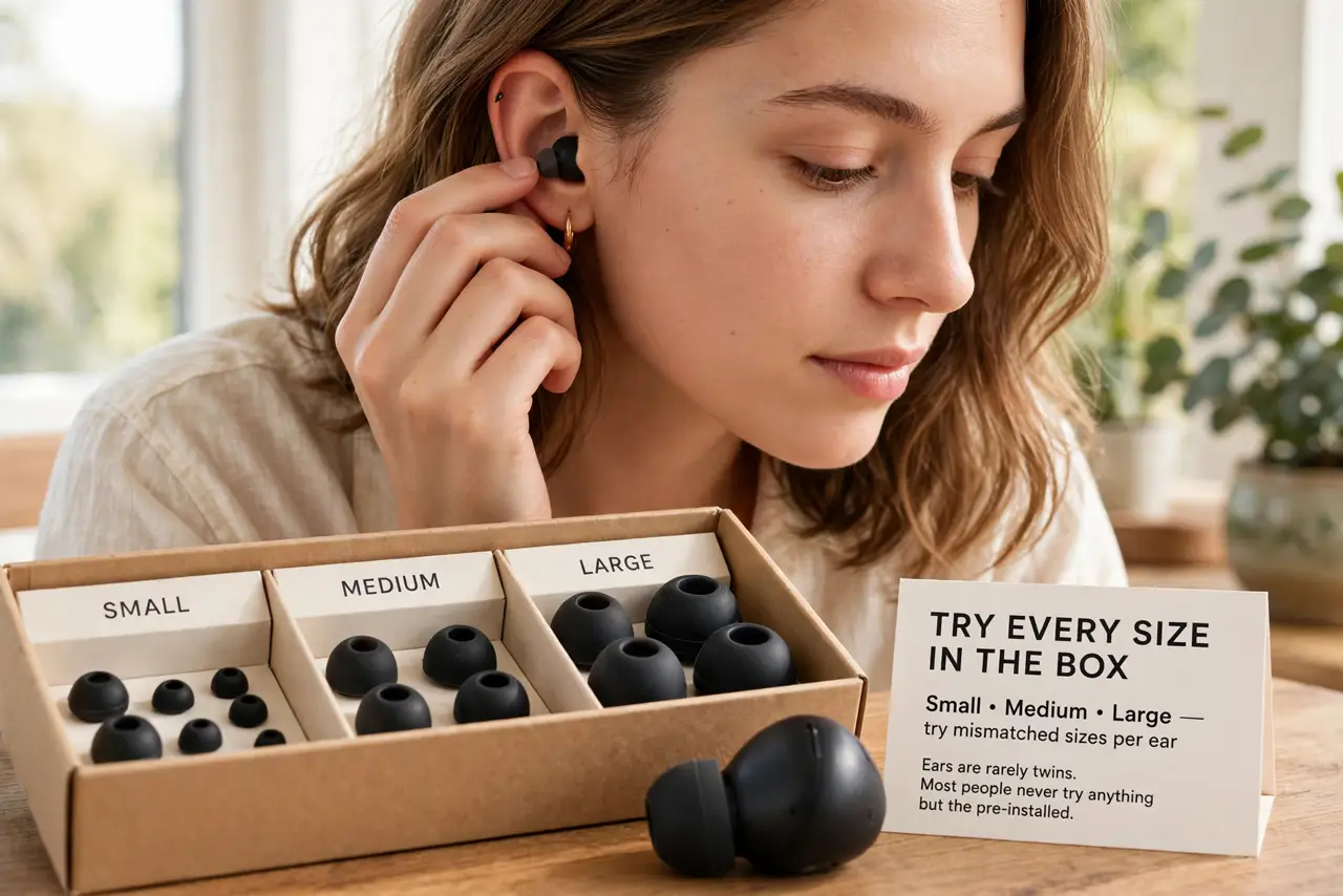 A person performing step 1: Try every size in the box. Small, medium, large — and try mismatched sizes per ear, since ears are rarely twin.