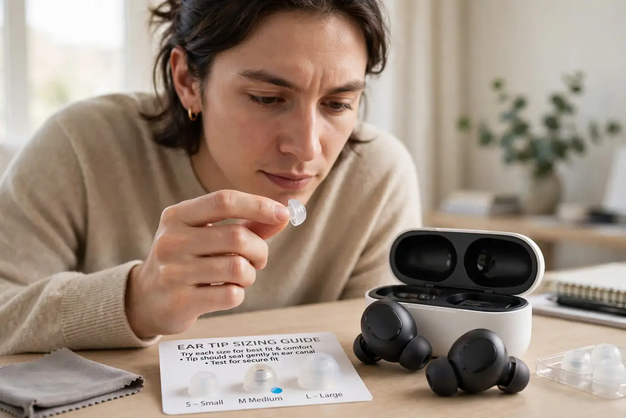A person trying different real silicone ear tip sizes laid out on a table next to real earbuds, holding one up to compare, the person's face thoughtful, bright.