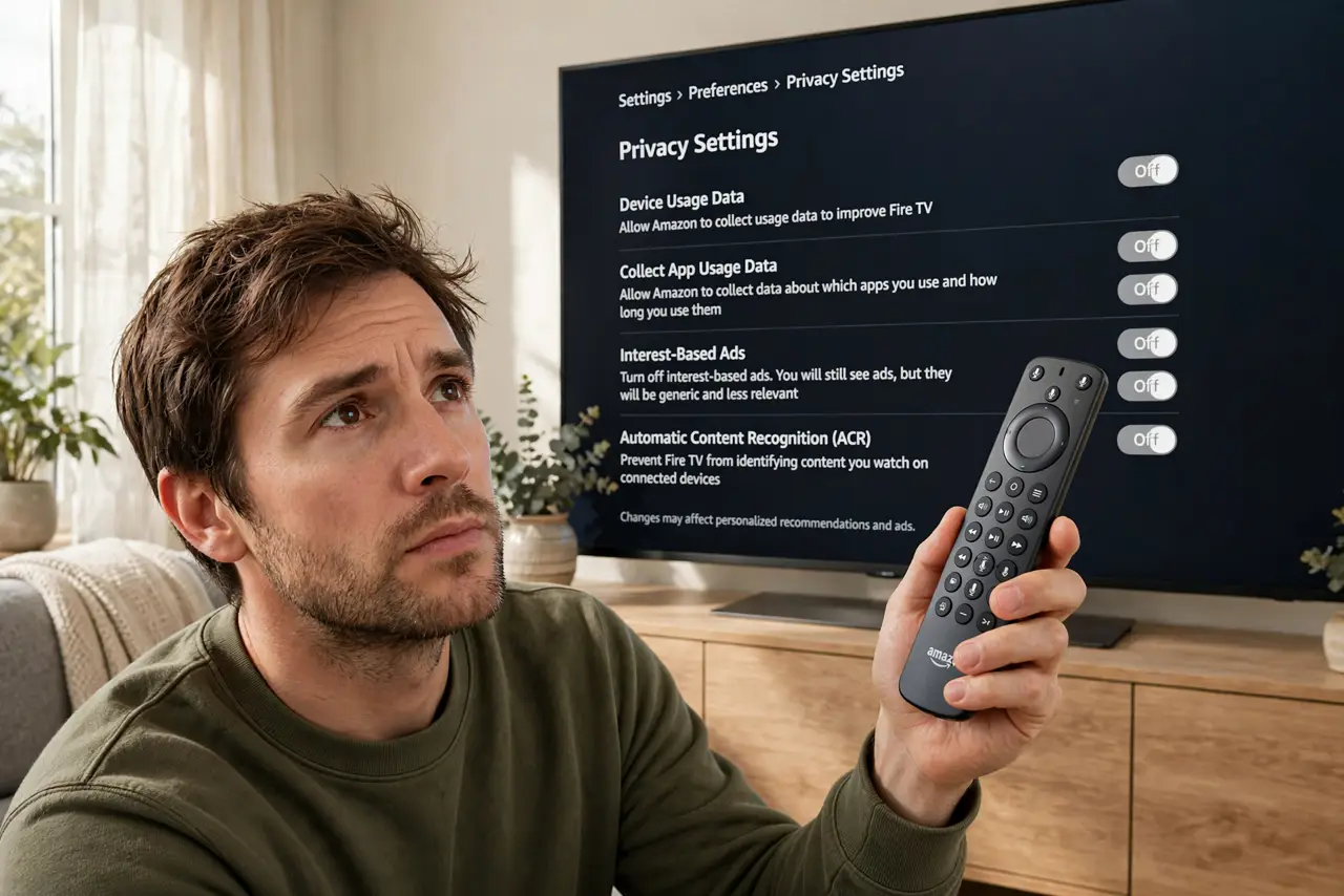 A person with a real Fire TV remote, a TV showing the Fire TV preferences and privacy screen with legible options, the