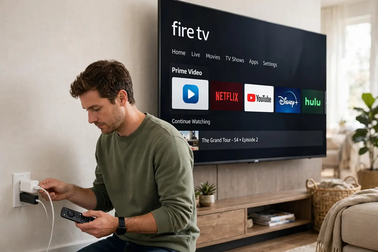 Photoreal photo of a person performing the first step: Power it from the wall, not the TV. Use the included adapter in a wall outlet. TV USB ports rar