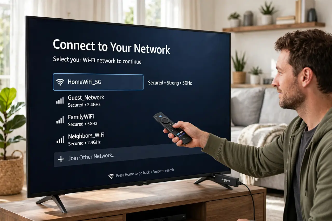 Photoreal photo: a person pointing a real Fire TV remote at a real TV showing the Fire TV setup screen with legible Wi-Fi options, the stick visible in the TV's HDMI port, the person's face focused, living room. No black screen, no bl