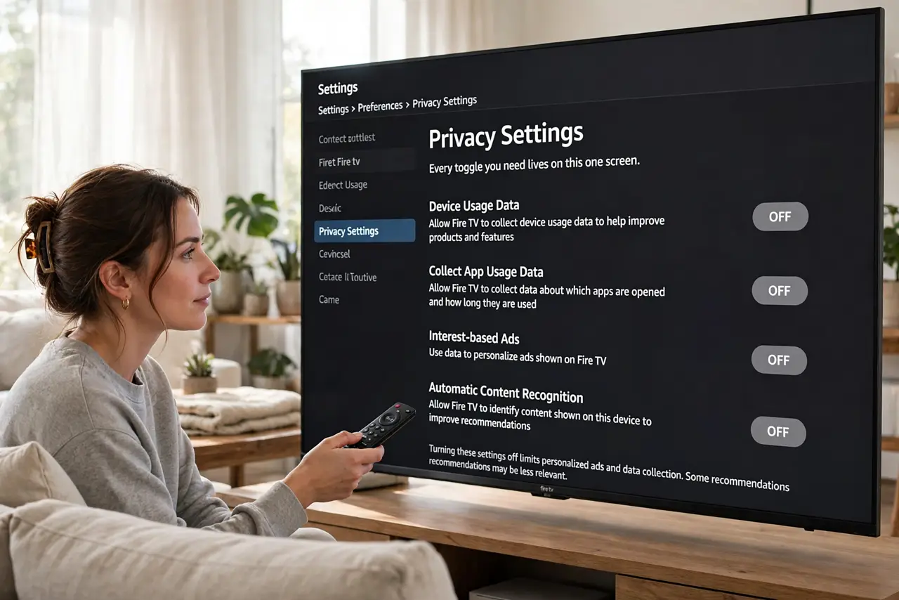 A person performing step 1: Open Privacy Settings. Go to Settings > Preferences > Privacy Settings on the Fire TV. Every toggle you need l.