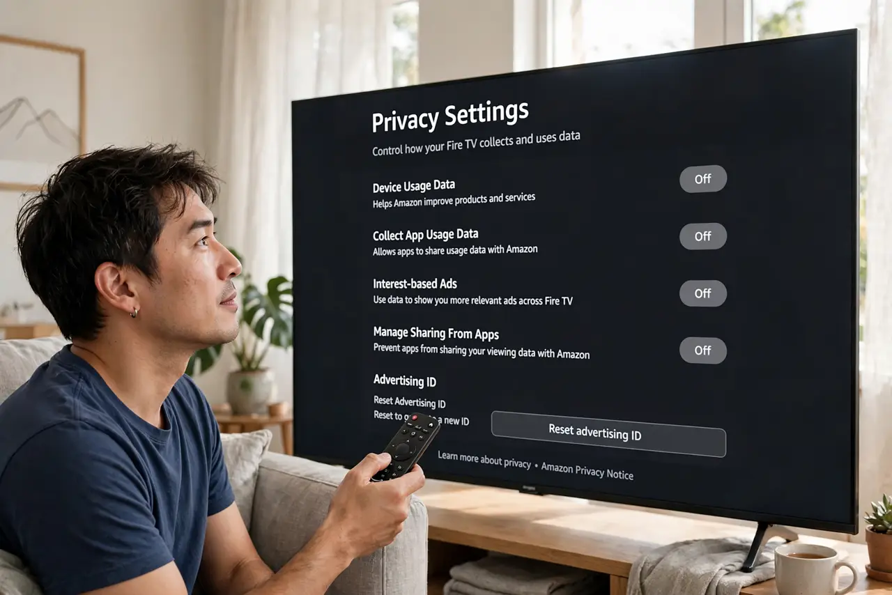 A person navigating real Fire TV privacy settings on a TV screen with data collection toggles visible, remote in hand, the person's face focused, living room.