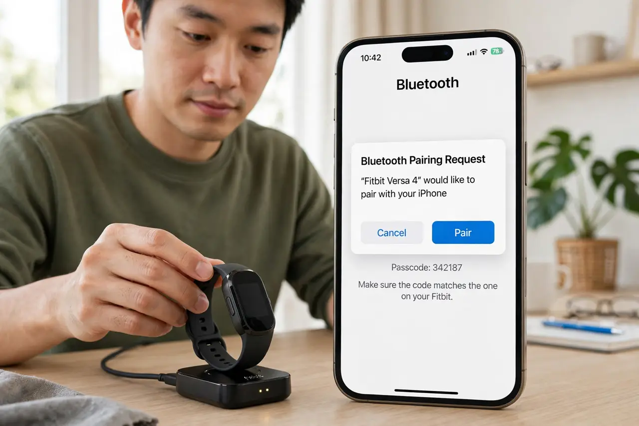 Photoreal photo of a person performing the first step: Charge the tracker before anything else. A tracker that dies mid-pairing creates half-finish...