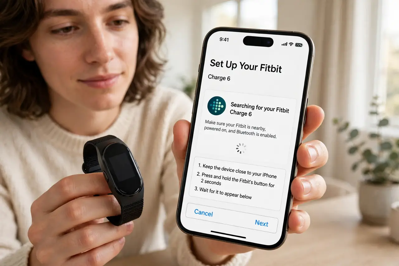 Photoreal photo: a person holding a real Fitbit tracker next to a real iPhone showing the Fitbit app setup screen with legible text, the person looking patient and focused, bright room. No black screen, no blank wh...