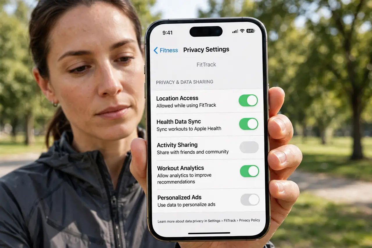 a person holding a phone showing a fitness app's privacy settings screen with legible toggles, wearing running gear in a park, the person's face focused and careful.