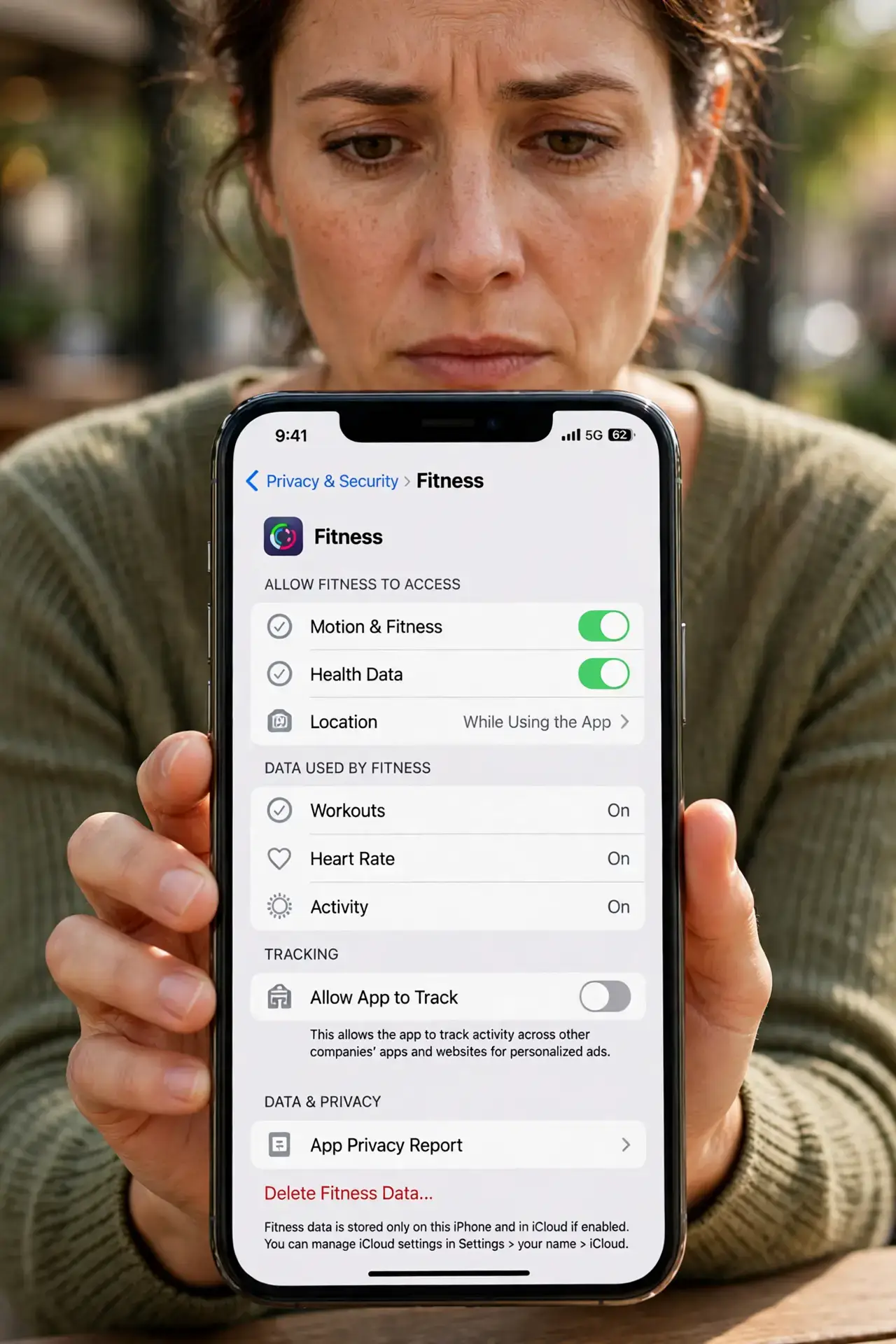 Your Runs Public by Default — a serious adult holding a real iPhone showing a fitness app privacy settings screen with fully legible text, t