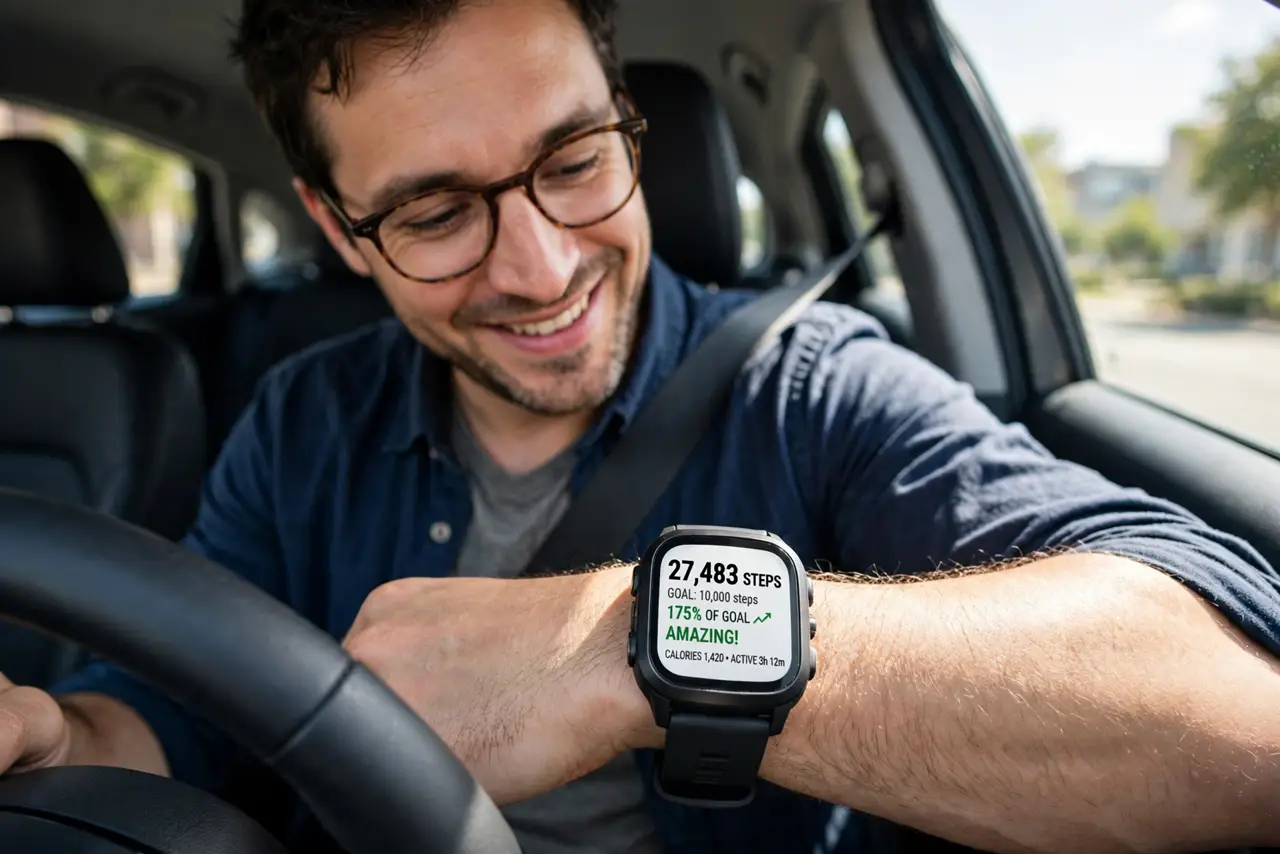 A calm adult driving a real car wearing a fitness tracker, glancing at the tracker's screen showing an inflated step count with legible text, amused expression.