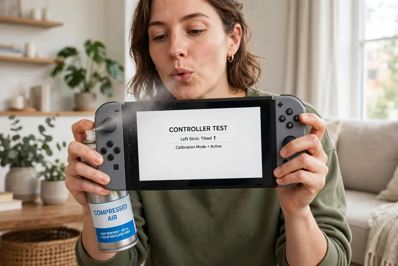 a person holding a real Nintendo Switch with Joy-Con controllers, tilting an analog stick while blowing compressed air around its base, the person's face hop...