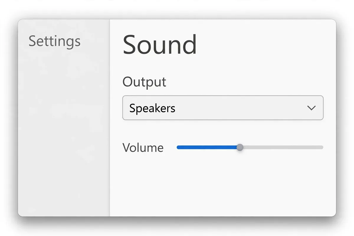 Example recreation of the Windows Settings Sound screen with Speakers selected as the output device and the volume slider raised.
