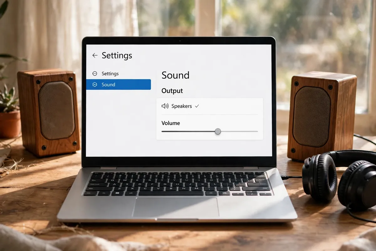 A laptop showing Windows Sound settings with Speakers selected under Output and a Volume slider, flanked by wooden desktop speakers and black headphones.