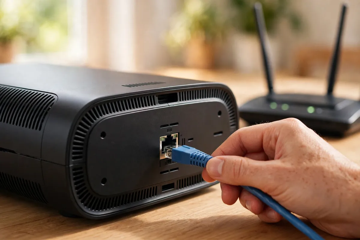 A hand plugging a blue Ethernet cable into the back of a black gaming console, with a router behind it on a wooden desk.