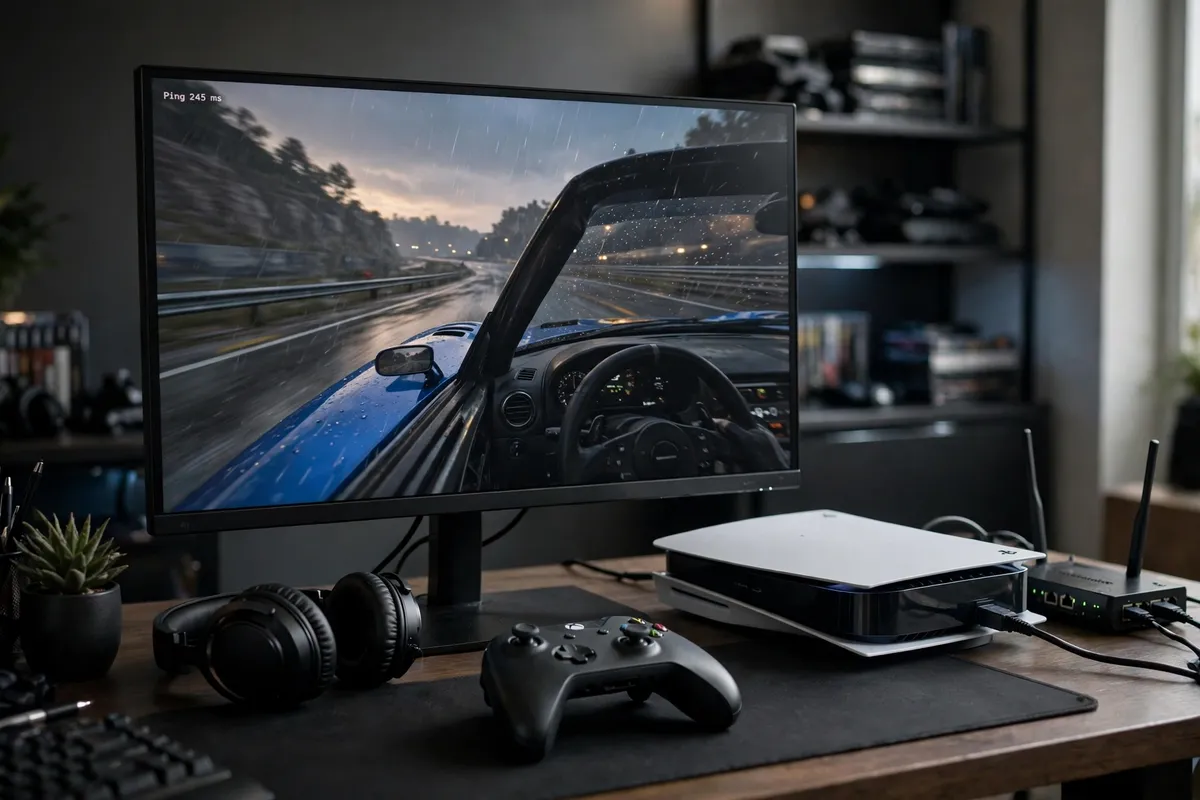 A gaming desk with a console wired to a router beside a monitor showing a racing game with a Ping 245 ms indicator, with a controller in front.
