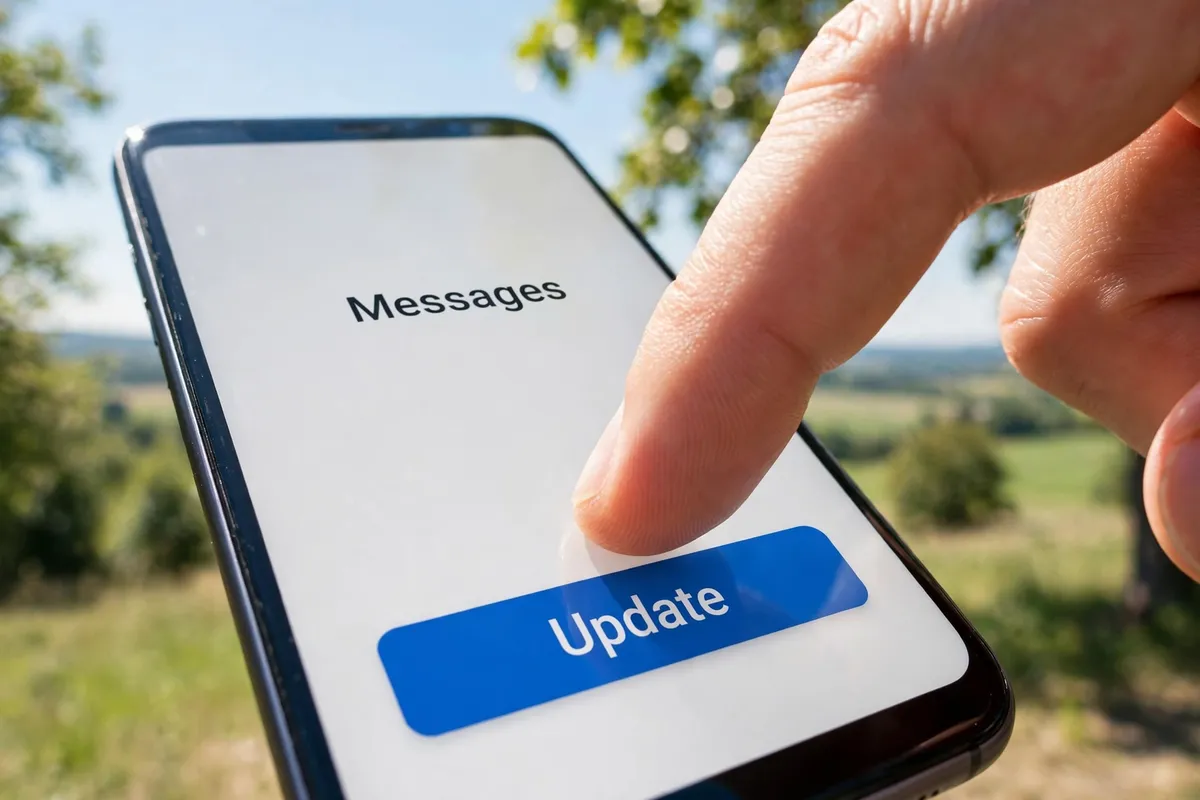 Example recreation of a finger tapping a blue Update button for the Messages app on a smartphone screen.