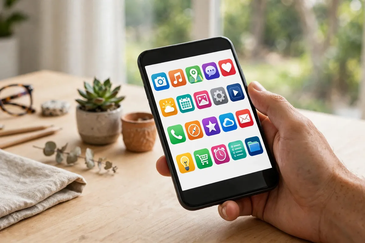 A hand holding a smartphone showing a sharp grid of colorful app icons on a bright desk.