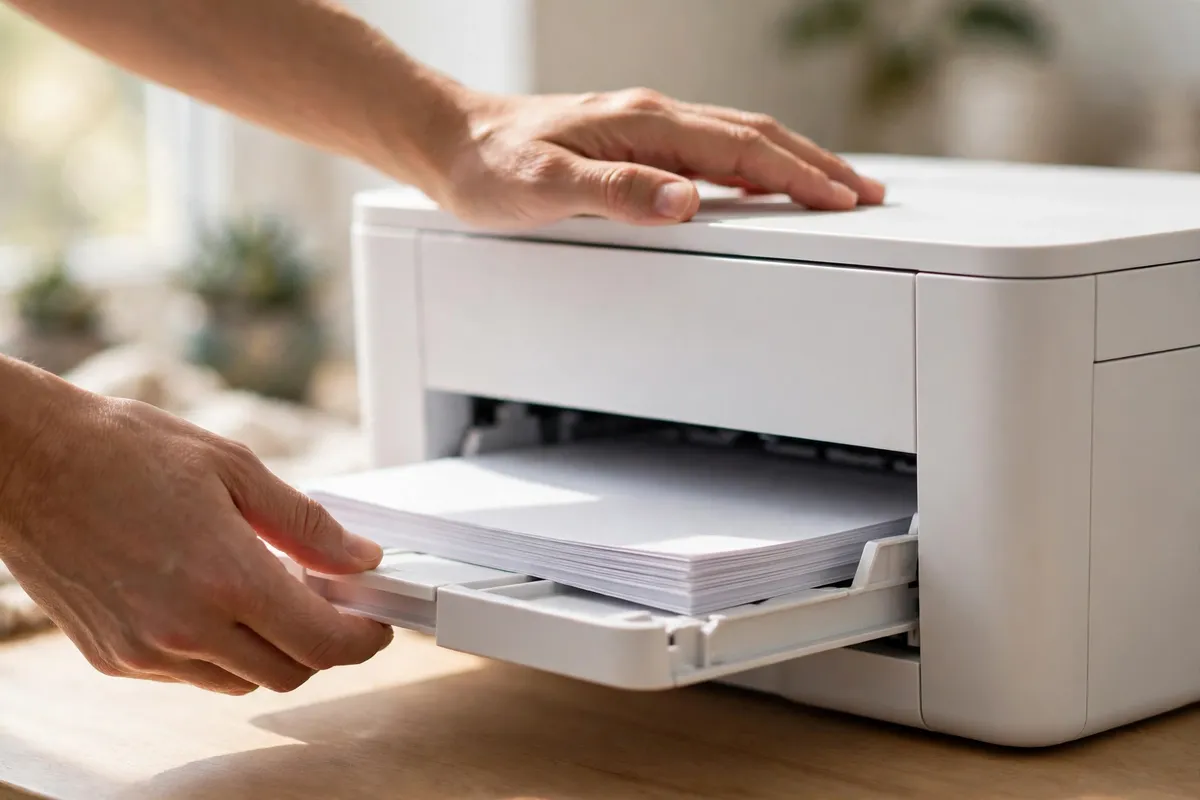 Hands loading a stack of white paper into a printer's paper tray in bright daylight.