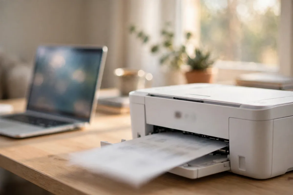 A white printer on a wooden desk printing a fresh page, with a laptop beside it in soft focus in a bright home office.