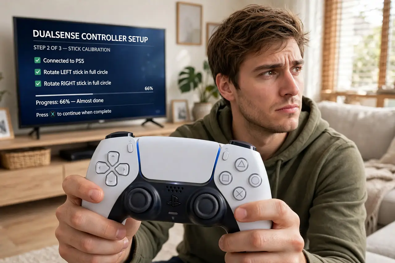 a person holding a real PS5 DualSense controller, thumbs on the sticks, a TV behind showing a game menu, the person's face annoyed but hopeful, living room.