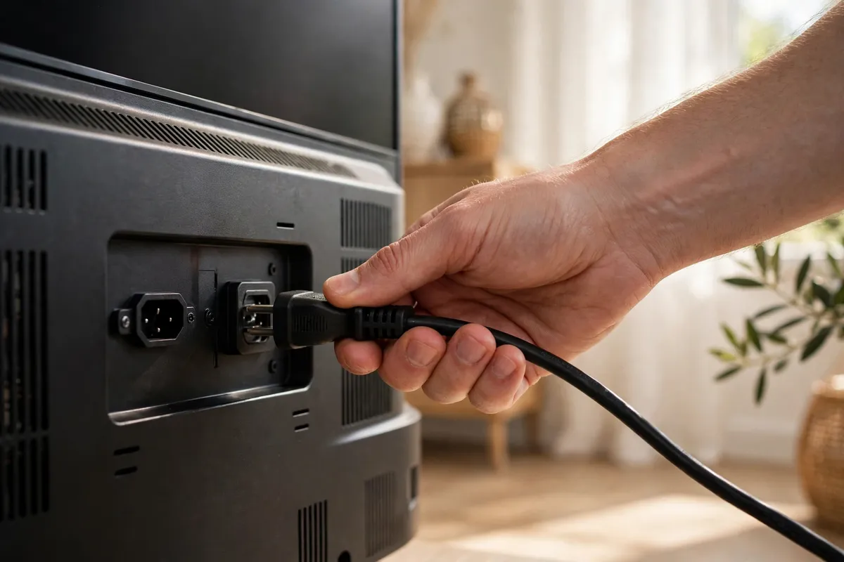 A hand unplugging the power cable from the back of a smart TV to restart it fully.