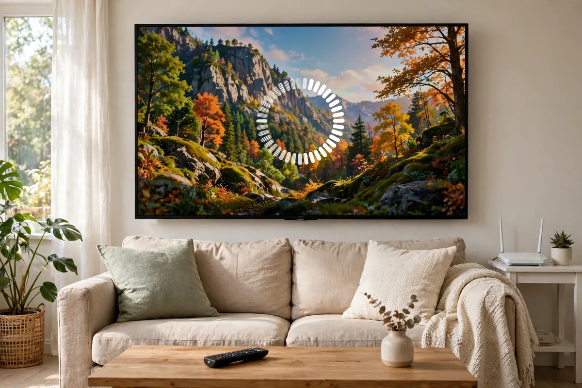 A bright living room with a large wall-mounted smart TV showing a paused film scene with a circular buffering spinner, a sofa, a remote on the coffee table, and a Wi-Fi router on a side table.