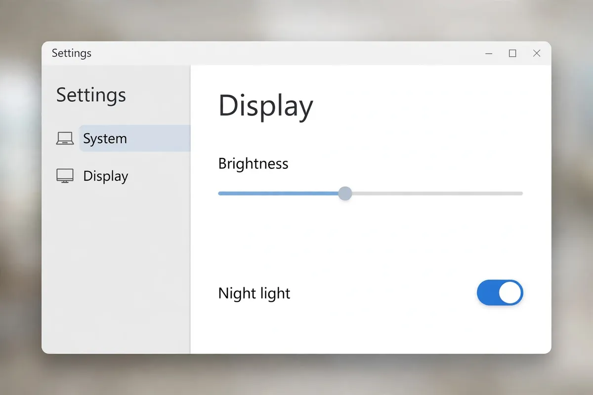 Windows Settings Display screen showing the Brightness slider and the Night light toggle.