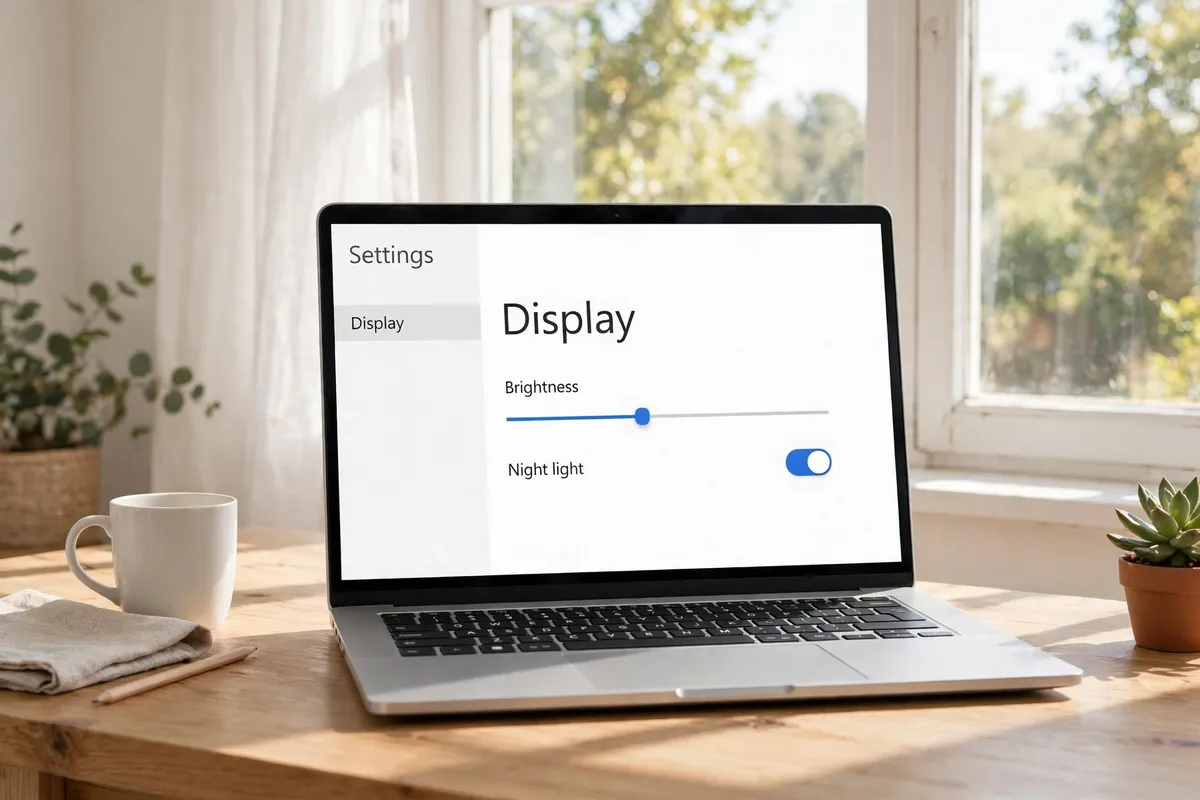 A laptop on a bright wooden desk by a sunlit window, its screen showing Windows Display settings with a Brightness slider and Night light switched on.