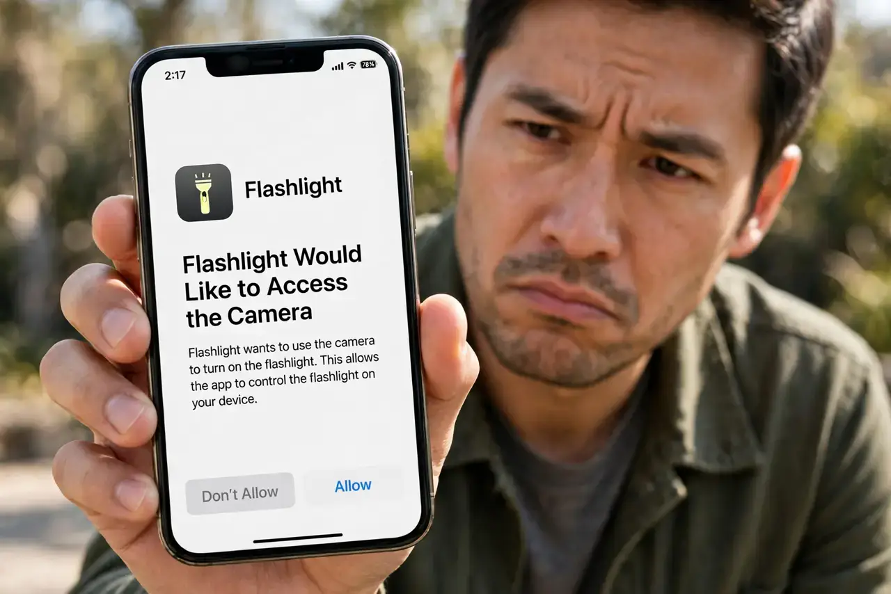 Flashlight App Wants Location — a skeptical adult holding a real iPhone showing a flashlight app permission prompt with fully legible text, th