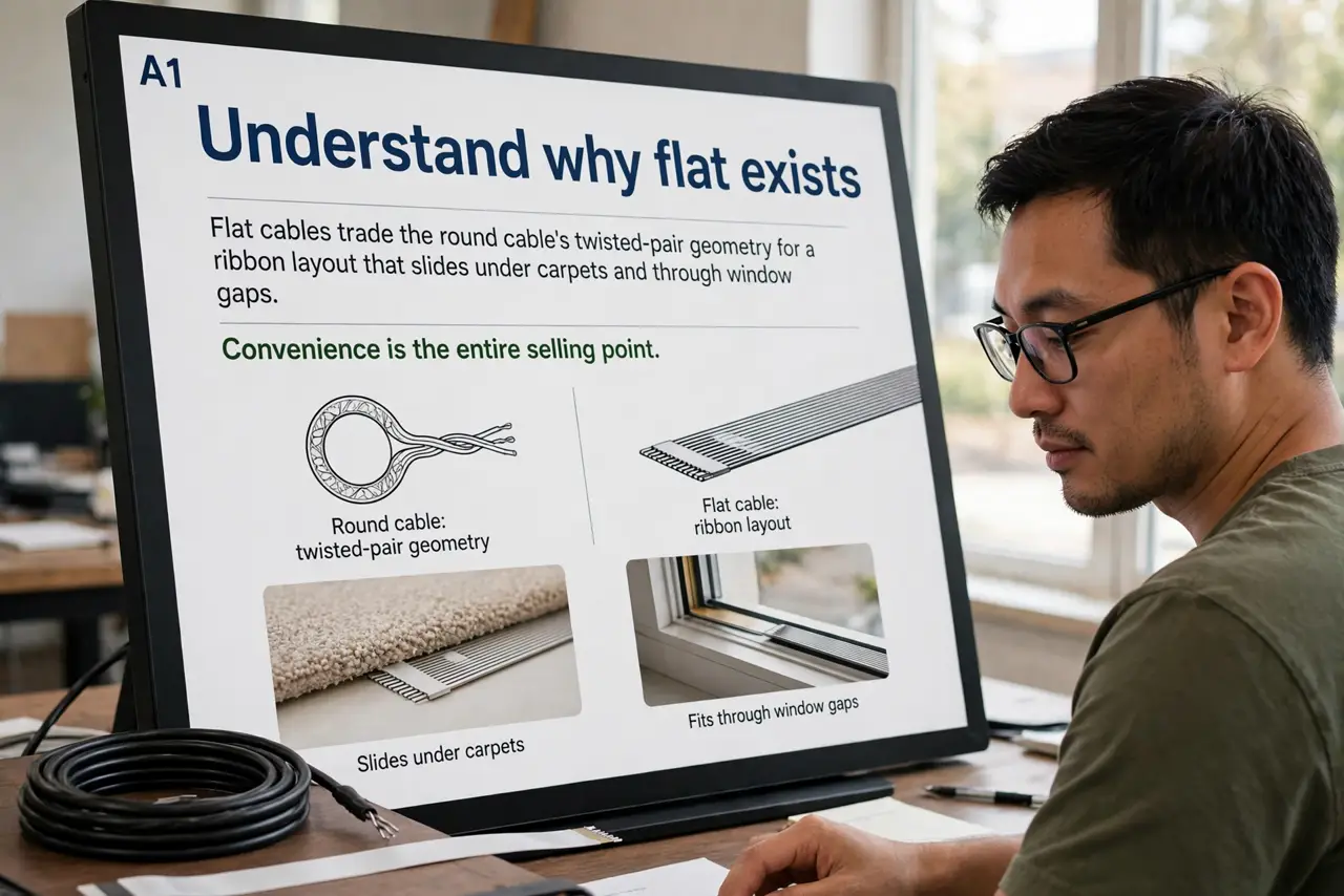 A person performing the first step of the guide: Understand why flat exists. Flat cables trade the round cable's twisted-pair geometry for a ribbon layout that.