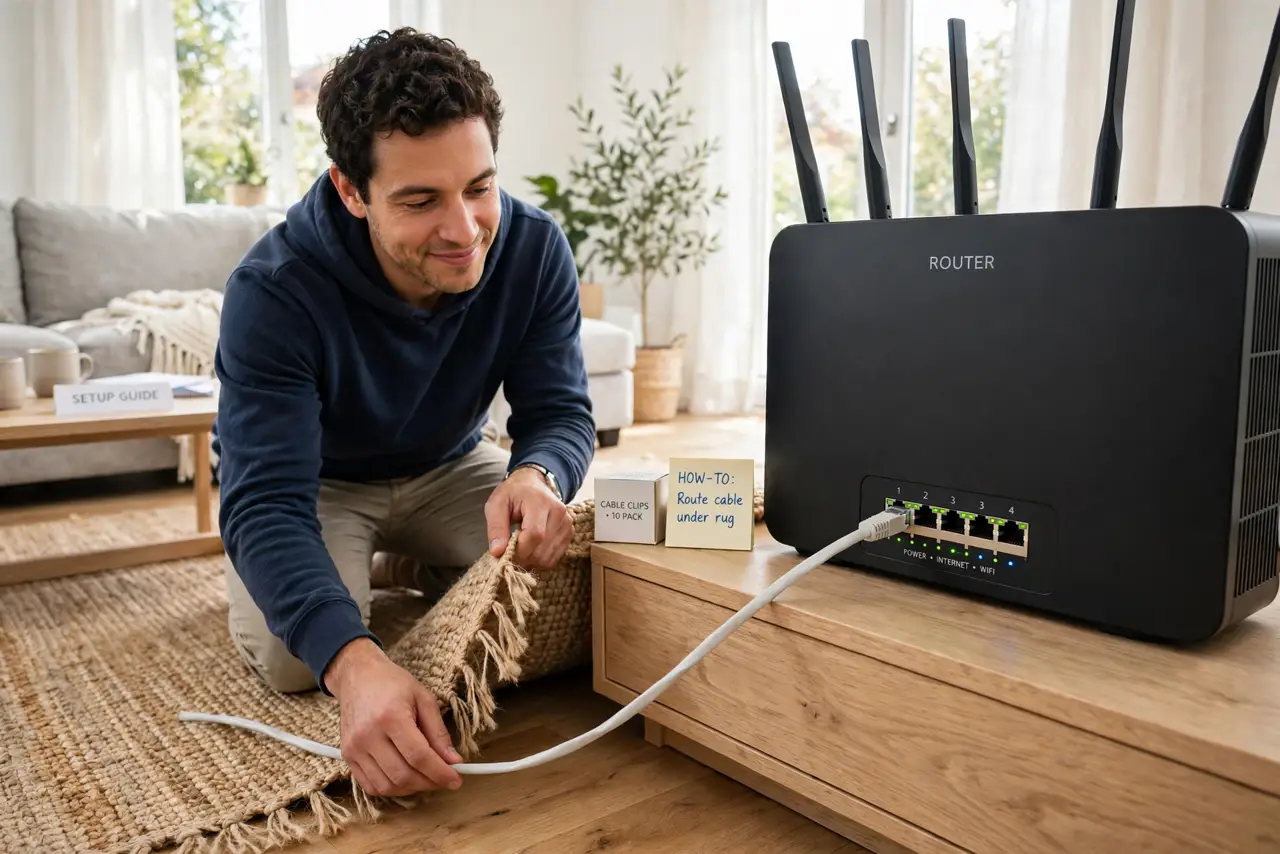A person routing a real flat white Ethernet cable under a rug edge to a real router, the cable and router legible, the person's face satisfied.