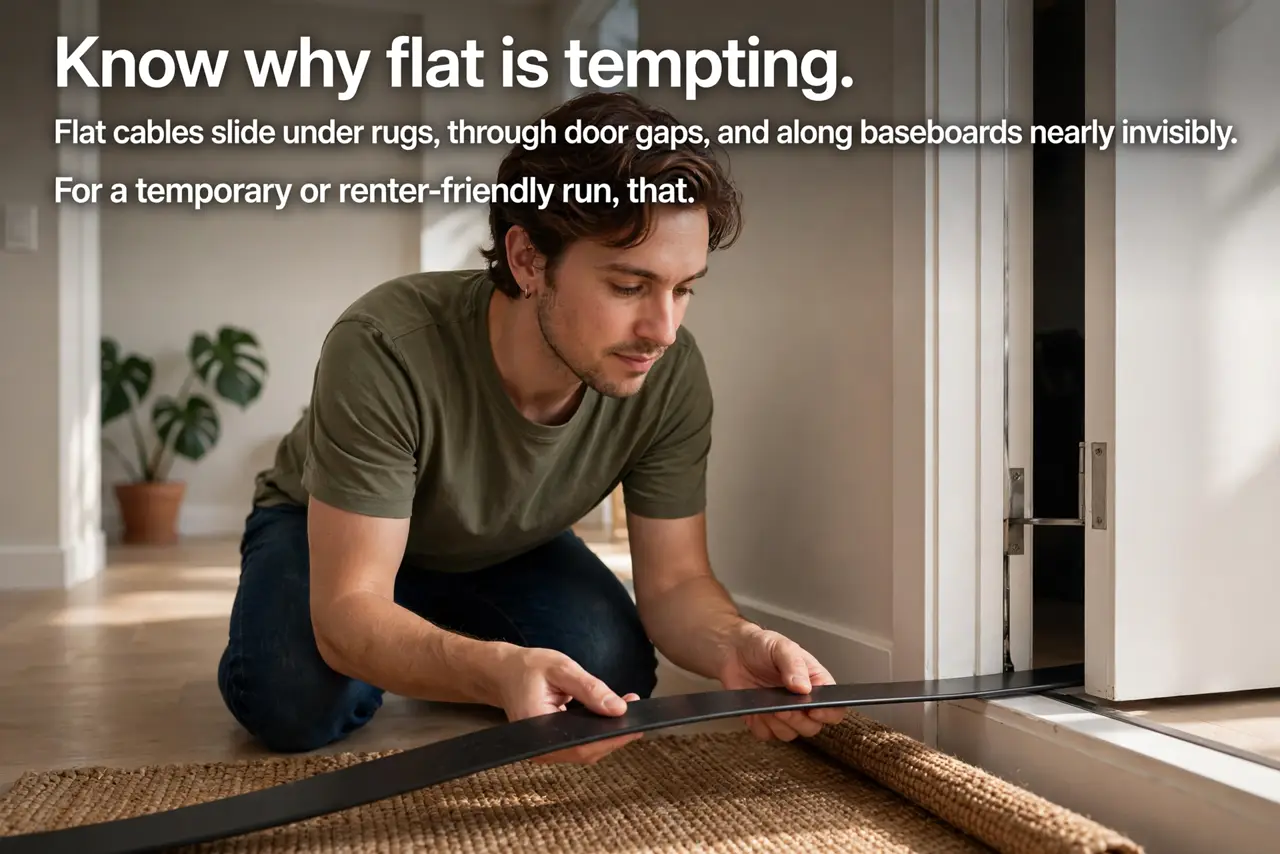 A person performing step 1: Know why flat is tempting. Flat cables slide under rugs, through door gaps, and along baseboards nearly invisi.